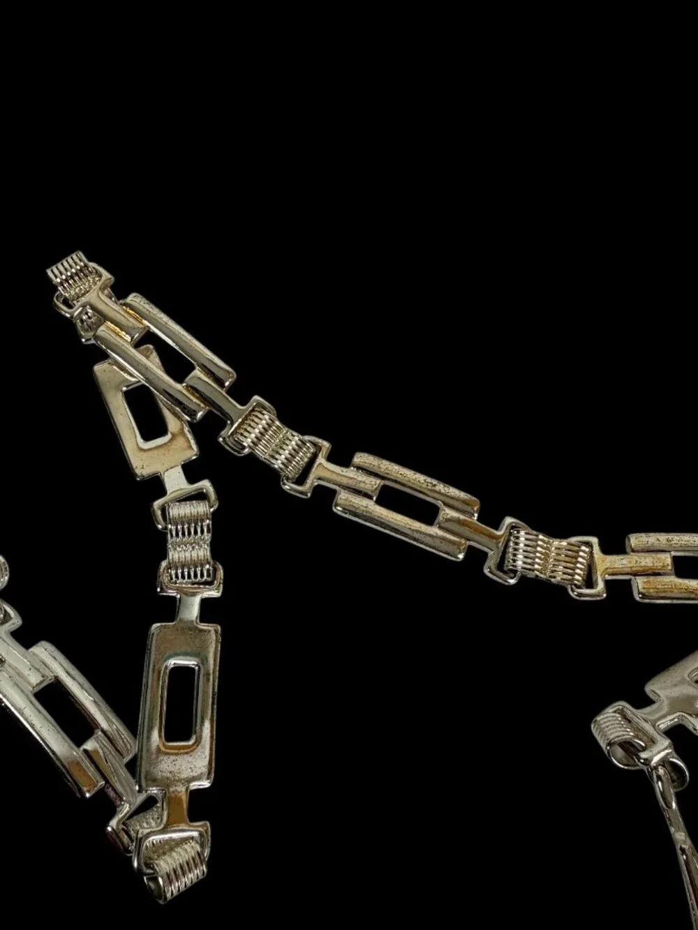Vintage Silver-Tone Chain Link Belt Lobster Clasp Rectangle Geometric Y2K
